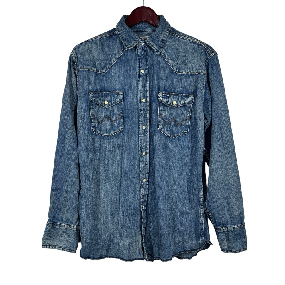 Wrangler Denim Pearl Snap Shirt Mens L 100% Cotton Rugged Distressed Western
